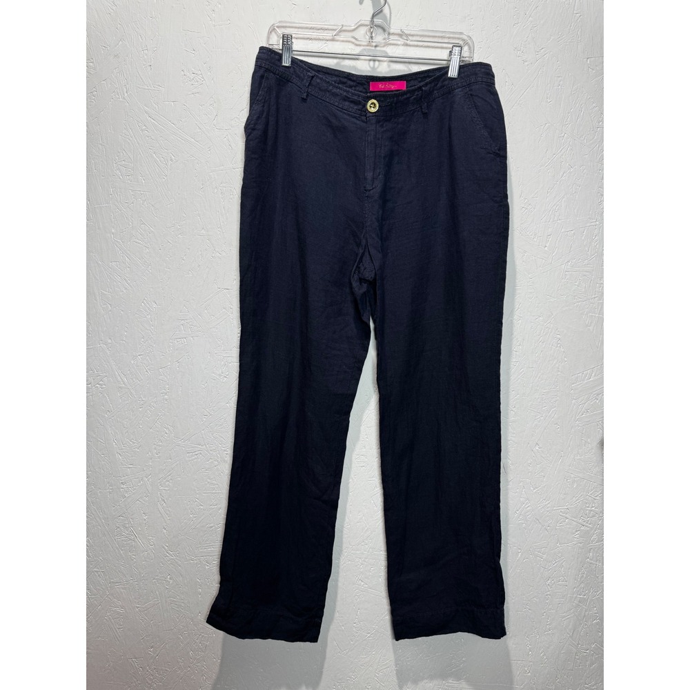 Lilly Pulitzer Navy Blue 100% Linen Straight Leg Pants Women Size 10
